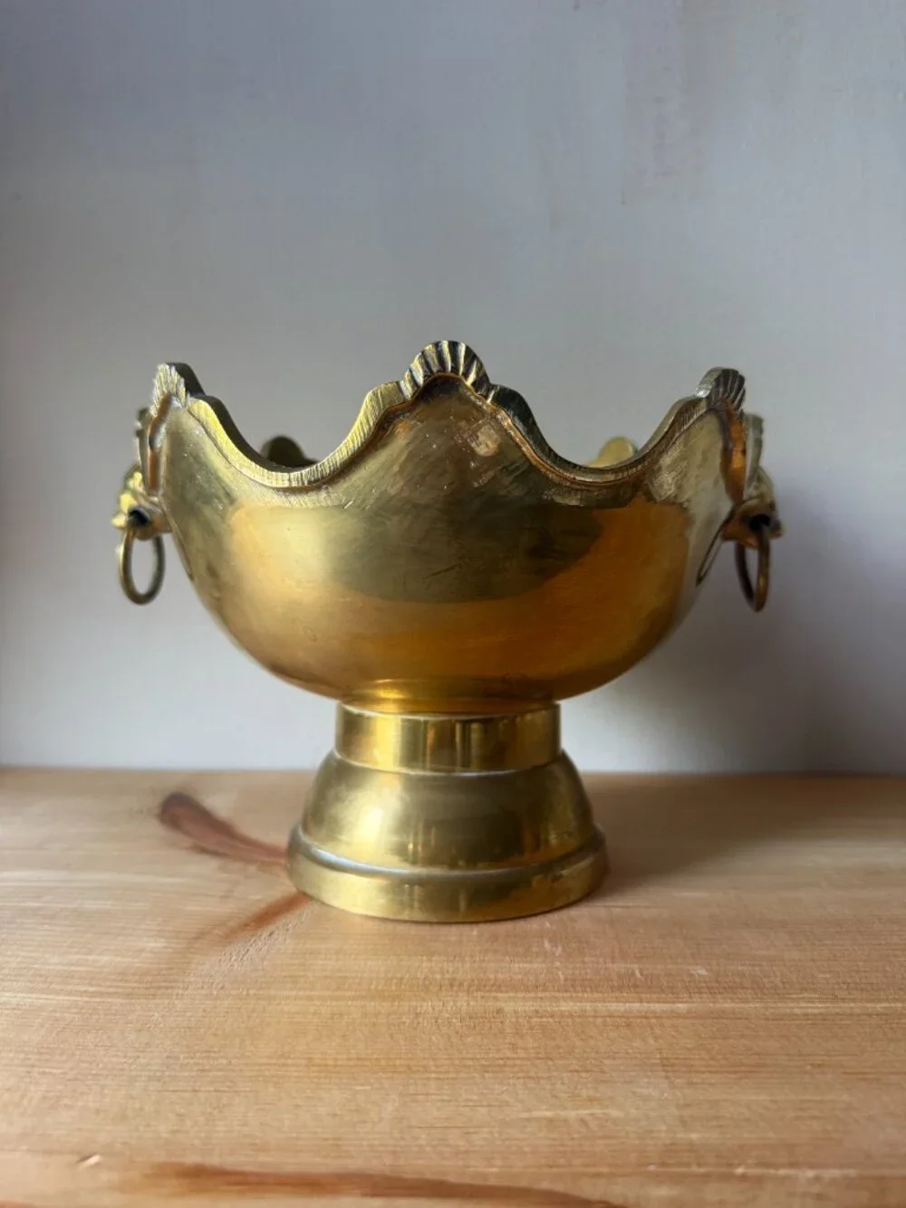 Vintage Brass Lion Head Pedestal Bowl | Scalloped Monteith Centerpiece